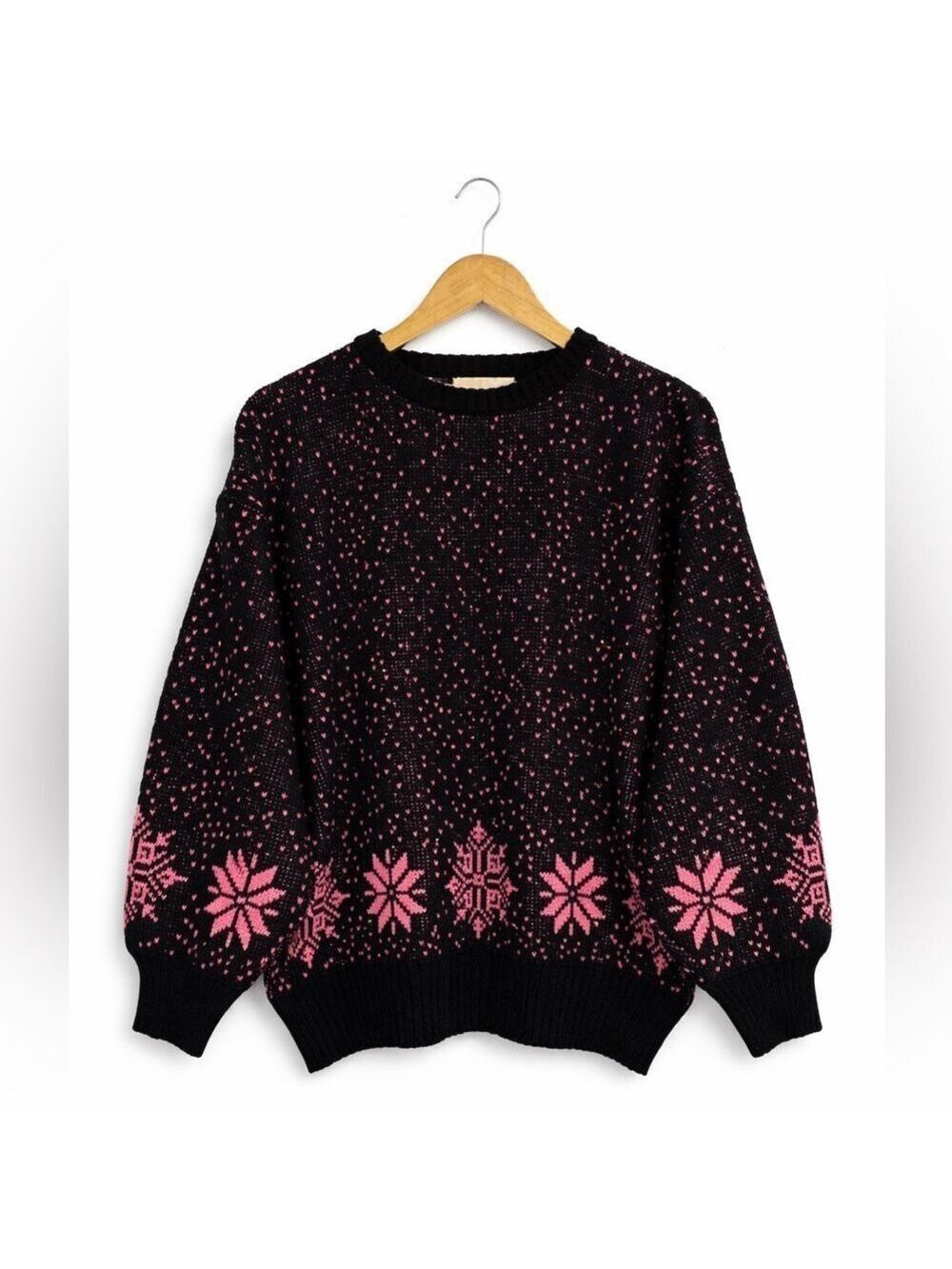 Vintage Black Pink Nordic Knit Sweater 80s 90s Large
